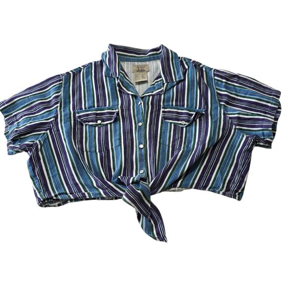 At Last & Co Y2K 90s Striped Tie Front Crop Top Women's XL Western Boho - Picture 2 of 6
